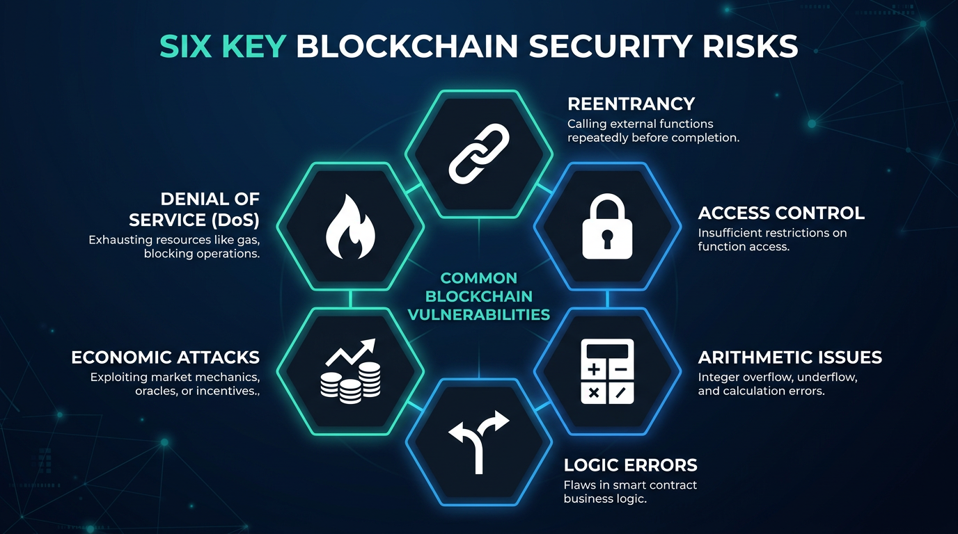 Six attack categories: reentrancy, access control, arithmetic, logic, economic, denial of service