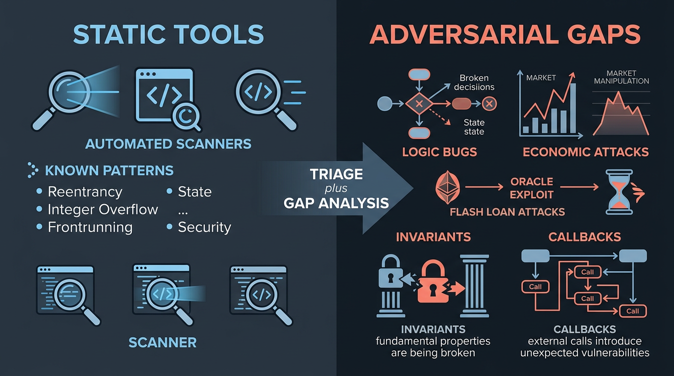 Static tools baseline versus adversarial gaps and triage