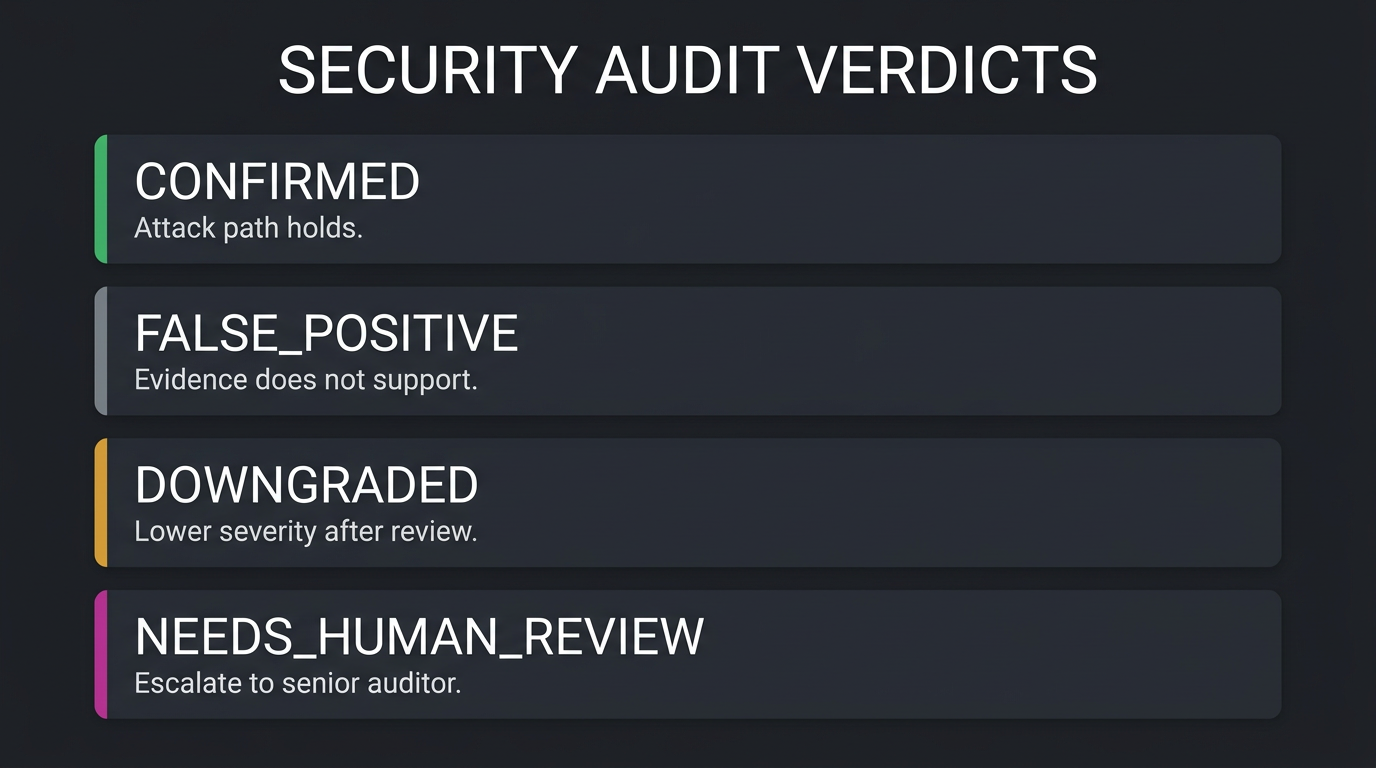 Security audit verdicts: confirmed, false positive, downgraded, needs human review
