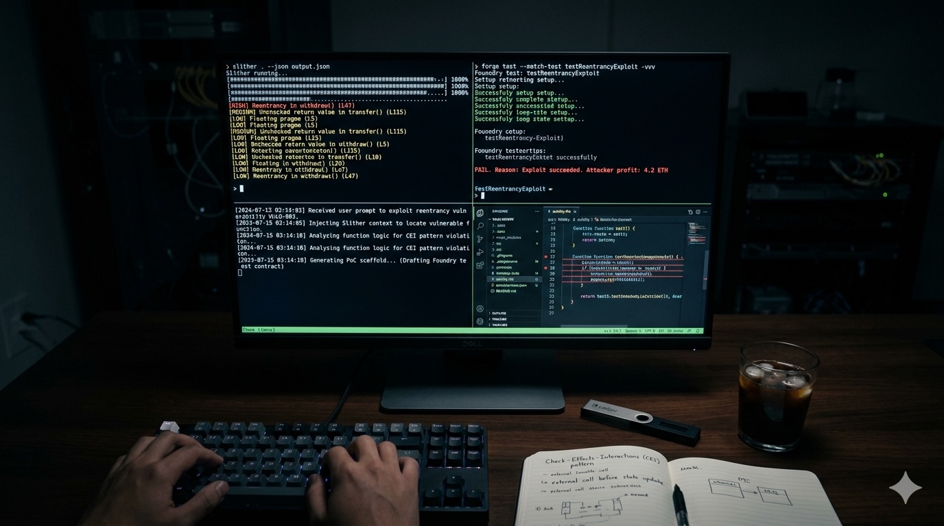 Real security toolchain: Slither + Foundry + AI working in sequence
